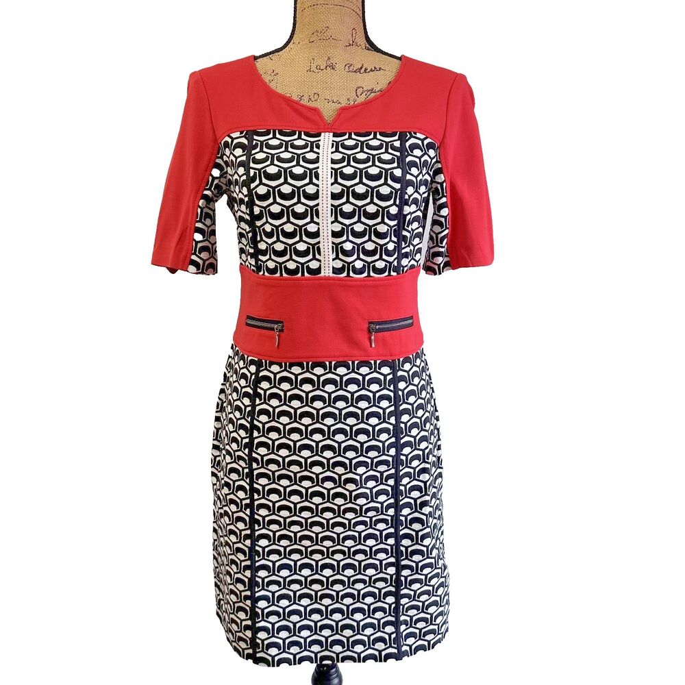 TUZZI Women's Black Red White Panel Cotton Blend Stretch Short Sleeve Dress Sz 8